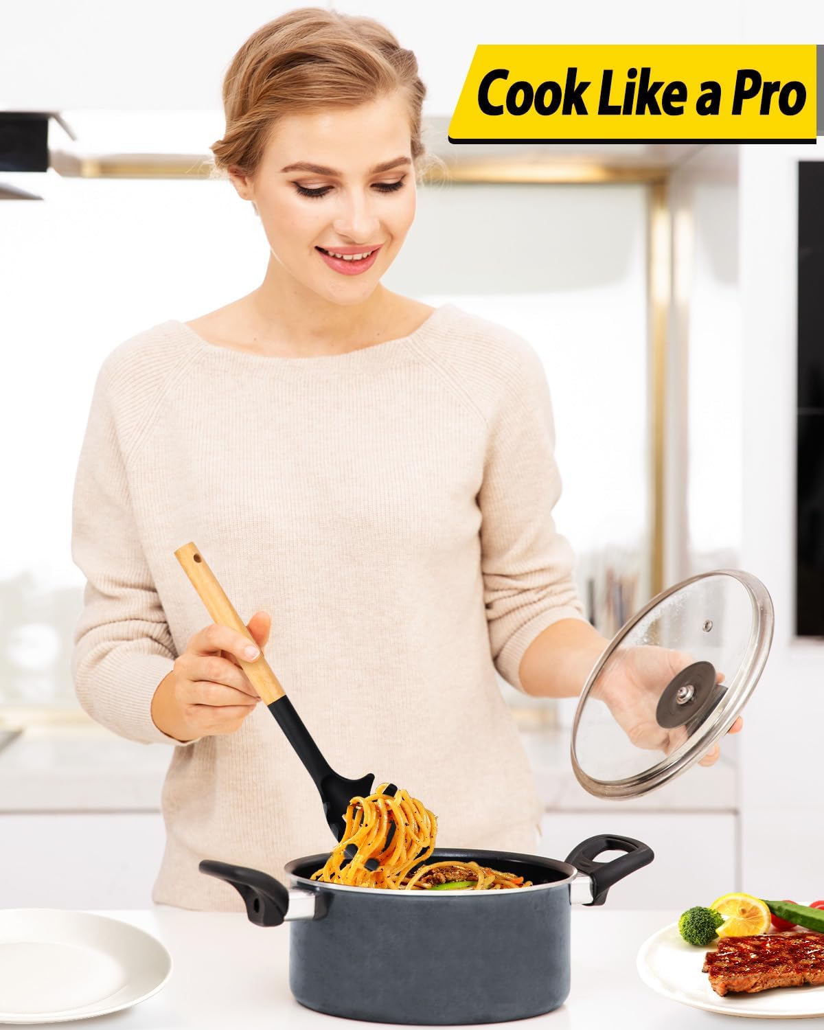 Pack of 2 Spaghetti Spoon, Silicone Pasta Fork with Wooden Handle, Heat Resistant Noodle Spoon Server, BPA Free Spaghetti Strainer(BLACK-GRAY)