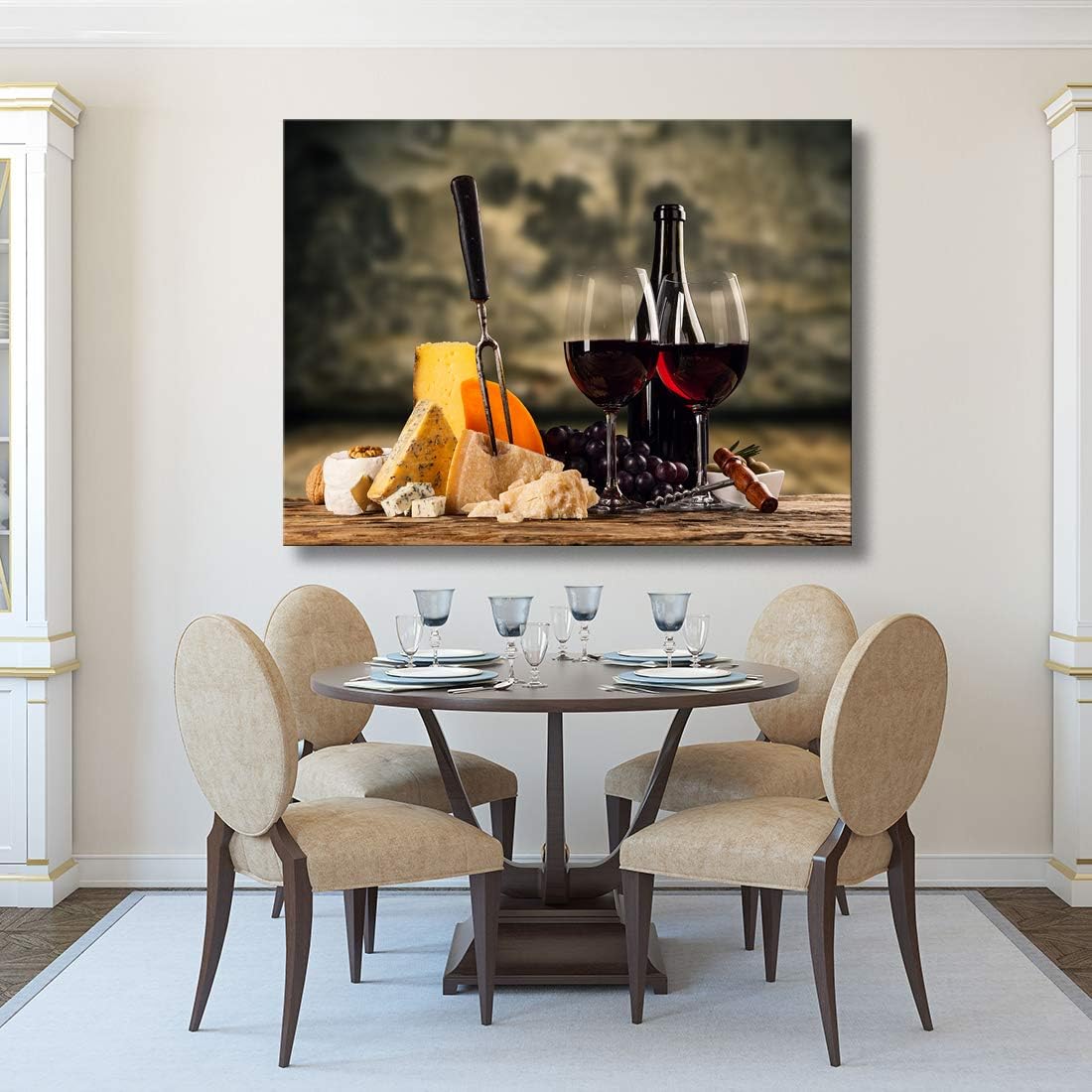 Looife Kitchen Still Life Canvas Wall Art, 48x32 Inch Gallery Wrapped Red Wine with Cheese Picture Prints Wall Decor, Food Art Deco for Dining Room and Bar Decoration