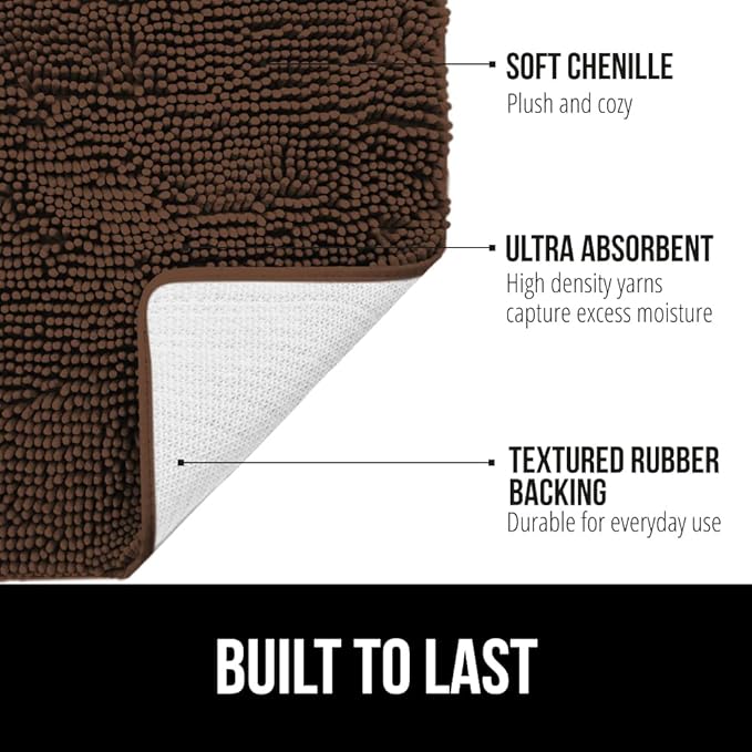 GORILLA GRIP Bath Rug Mat 48x24, Thick Soft Absorbent Chenille, Quick Dry Microfiber Mats, Rubber Backing Washable Shower Floor Rugs, Bathmat Runner, US Designed Bathroom Home Decor Accessories Brown