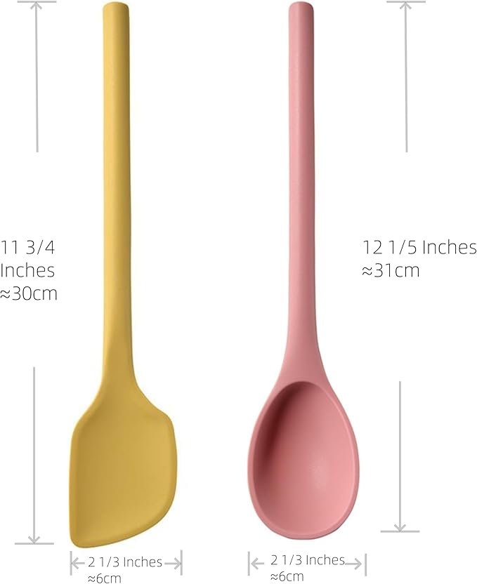 Silicone Cooking Spoon Spatula Set, High Heat Resistant Stiff Mixing Spoon, Extra Long Large Kitchen Utensil for Baking, Stirring, Serving, scraping and turning, 12 Inches