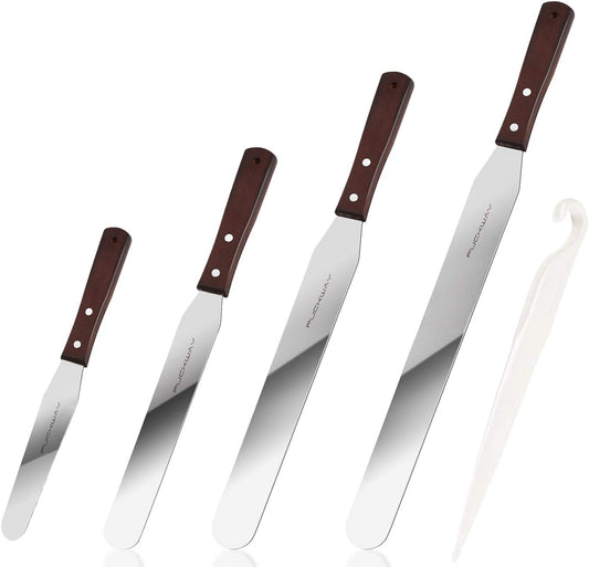 4PCS Cake Decorating Icing Spatula set with 4, 6, 8 & 10 Inch Stainless Steel Blade, Wood Handle Frosting Spatulas and Cake Stripping Tool (Straight Spatulas 4, 6, 8 & 10 Inch)