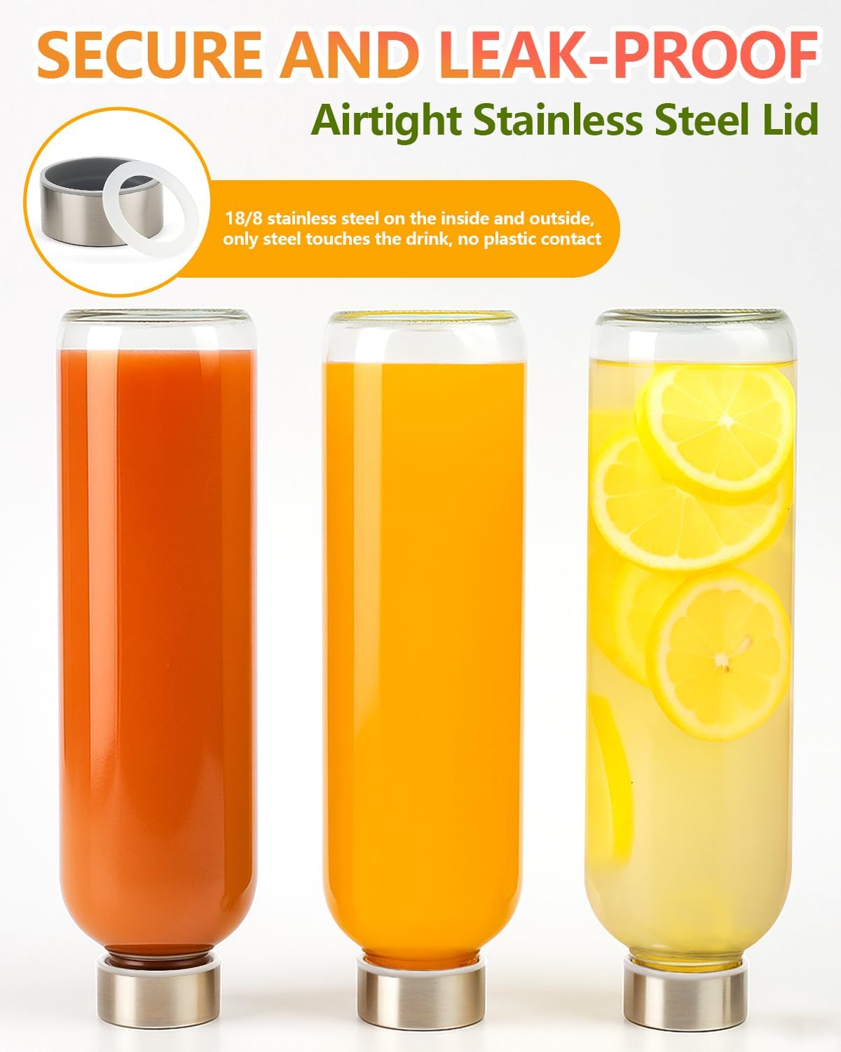 Zukro Glass Water Bottles with Lids 32 oz, 3 Pack Reusable Juice Bottles With Stainless Steel Airtight Cap for Juicing, Leak Proof Clear Drinking Jar Beverage storage container for Fridge, BPA Free