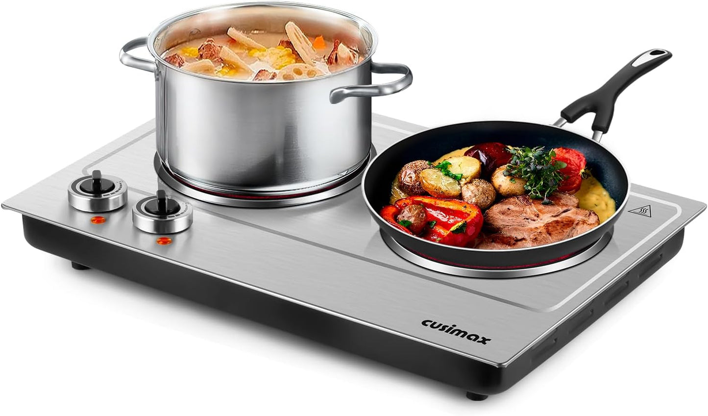Hot Plate,Cusimax Dual Infrared Burner, Electric Ceramic Glass Stove,Adjustable Temperature Control,Stainless Steel,Compatible of all Cookware,Easy Clean for Home, Dorm, Office