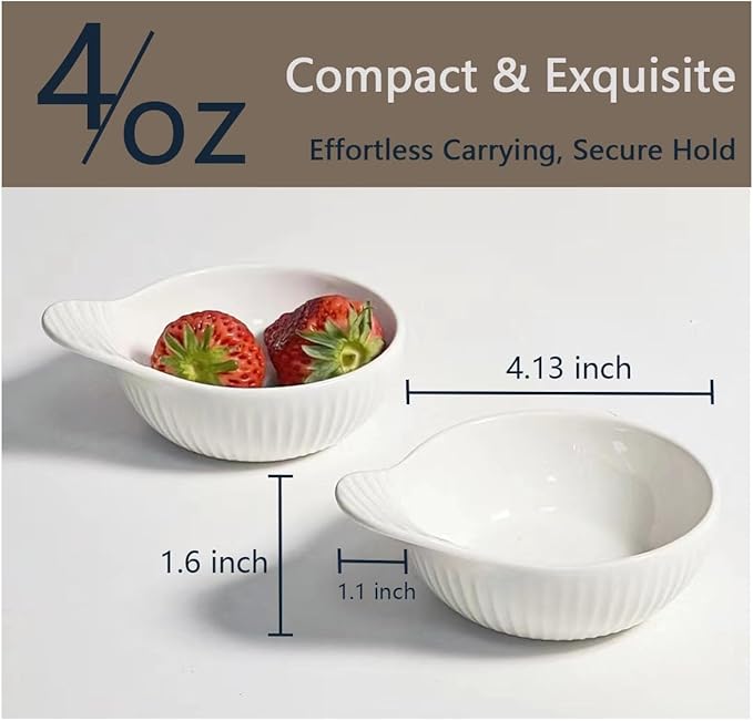 Porcelain Sauce Bowls with Handle, White, 4 oz / 4 Inch, Microwave Dishwasher Oven Safe, Small Ceramic Serving Bowls for Dipping Snacks Condiments Dessert, Set of 4