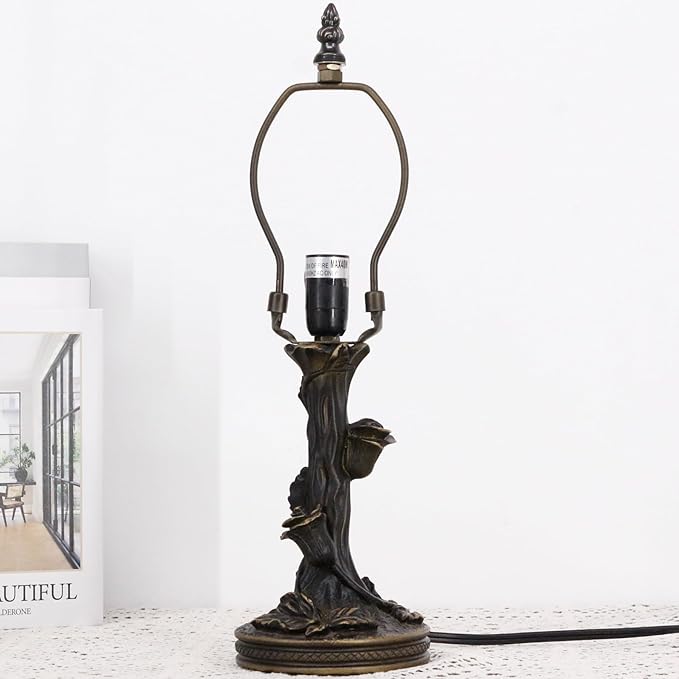 Table Lamp Base Replacement Only, Wide 5 Height 15 Inch, Fit for 6, 8, 10 Inch Tiffany Style Stained Glass Lampshade, Dark Bronze Finish,Resin, Push Switch On Cord(D (W5H15 Inch))
