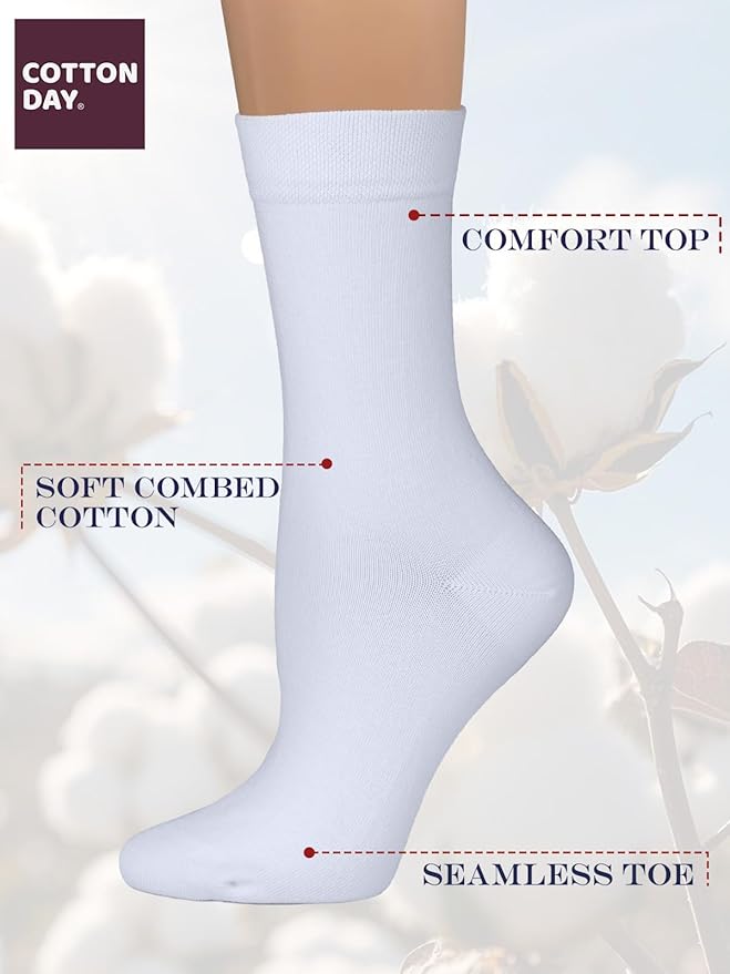 COTTON DAY Women's Soft Combed Cotton Dress Socks Seamless Toe Black White Gray Navy Blue Brown Beige