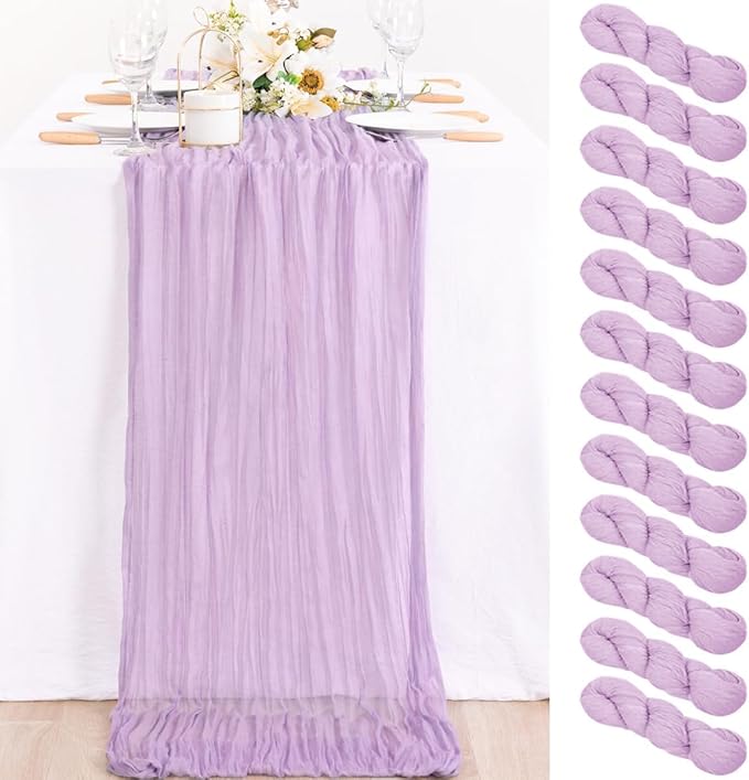 MLMC 12 Pack Lilac Purple Table Runner 10ft Rustic Gauze Lavender Cheese Cloth Table Runner 35x120 Inches for Romantic Wedding Bridal Shower Baby Shower Birthday Decor