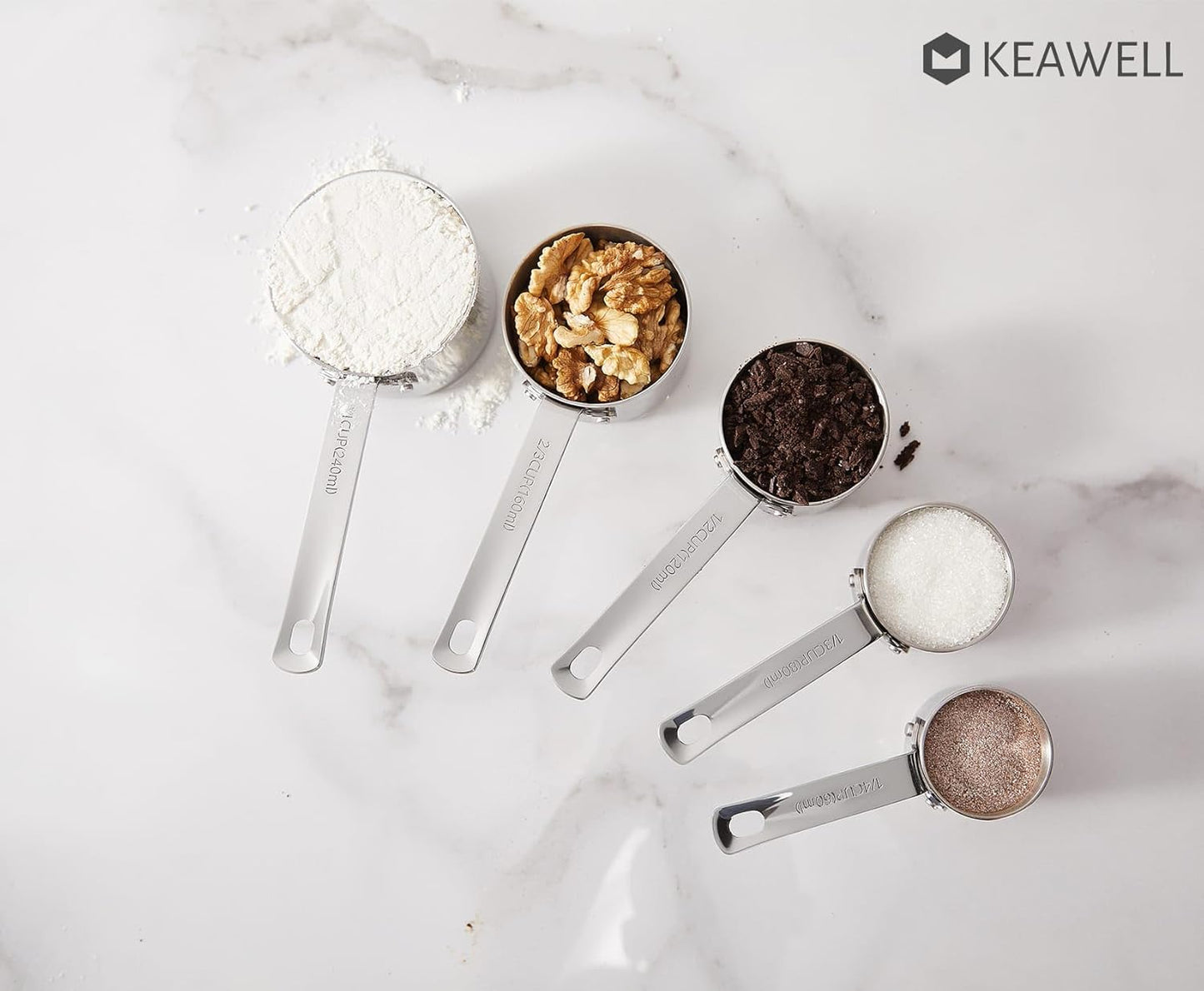 KEAWELL Premium 5-Piece Measuring Cups Set –1/4, 1/3, 1/2, 2/3, and 1 cup-18/10 Stainless Steel - Durable, Stackable, Dishwasher Safe – Nesting Design for Baking & Cooking (Silver, 5PC Measuring Cups)