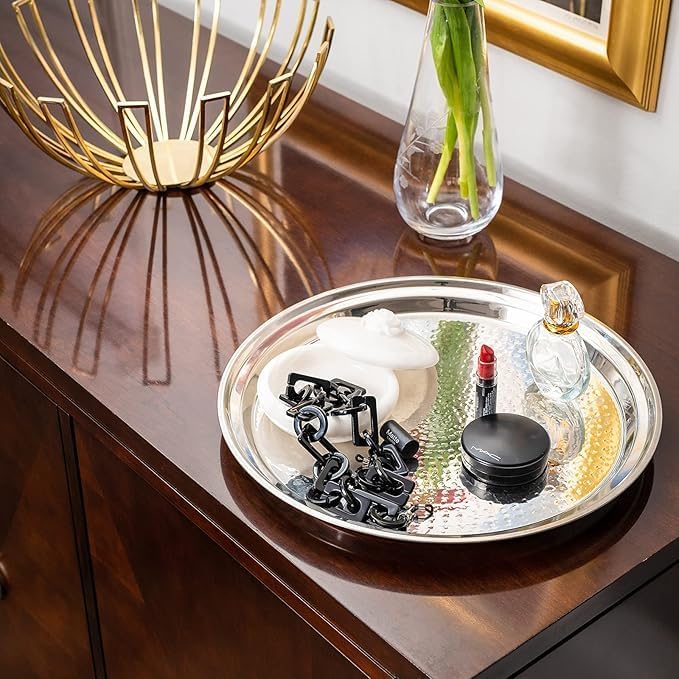 Hammered Stainless Steel Trays – Round Metal Silver Serving Trays - 2 Pc - Large Tray 15” Medium Tray 13” - Decorative Platters – by Bonito Home