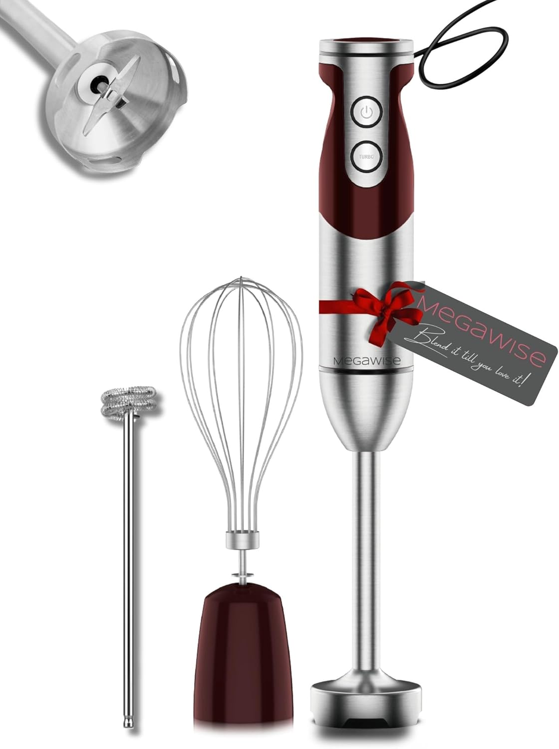 3- in-1 Immersion Hand blender, Powerful MOTOR & Stainless Steel Stick Blender, 4 Sharpe Blades with Whisk, Milk Frother Attachments