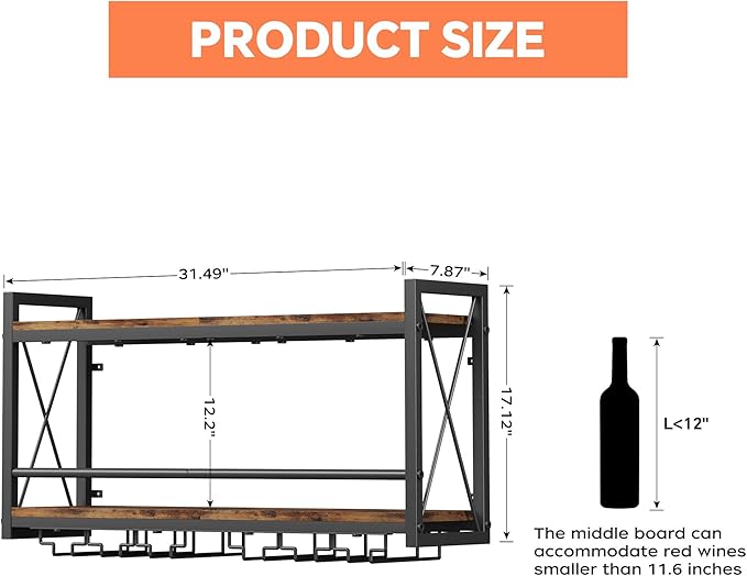 Homeiju Wall Mounted Wine Rack, Bottle & Glass Holder Wood-Metal Retro Wine Rack, Wine Bottles Display Wall Storage for Kitchen Dining Room Home Bar