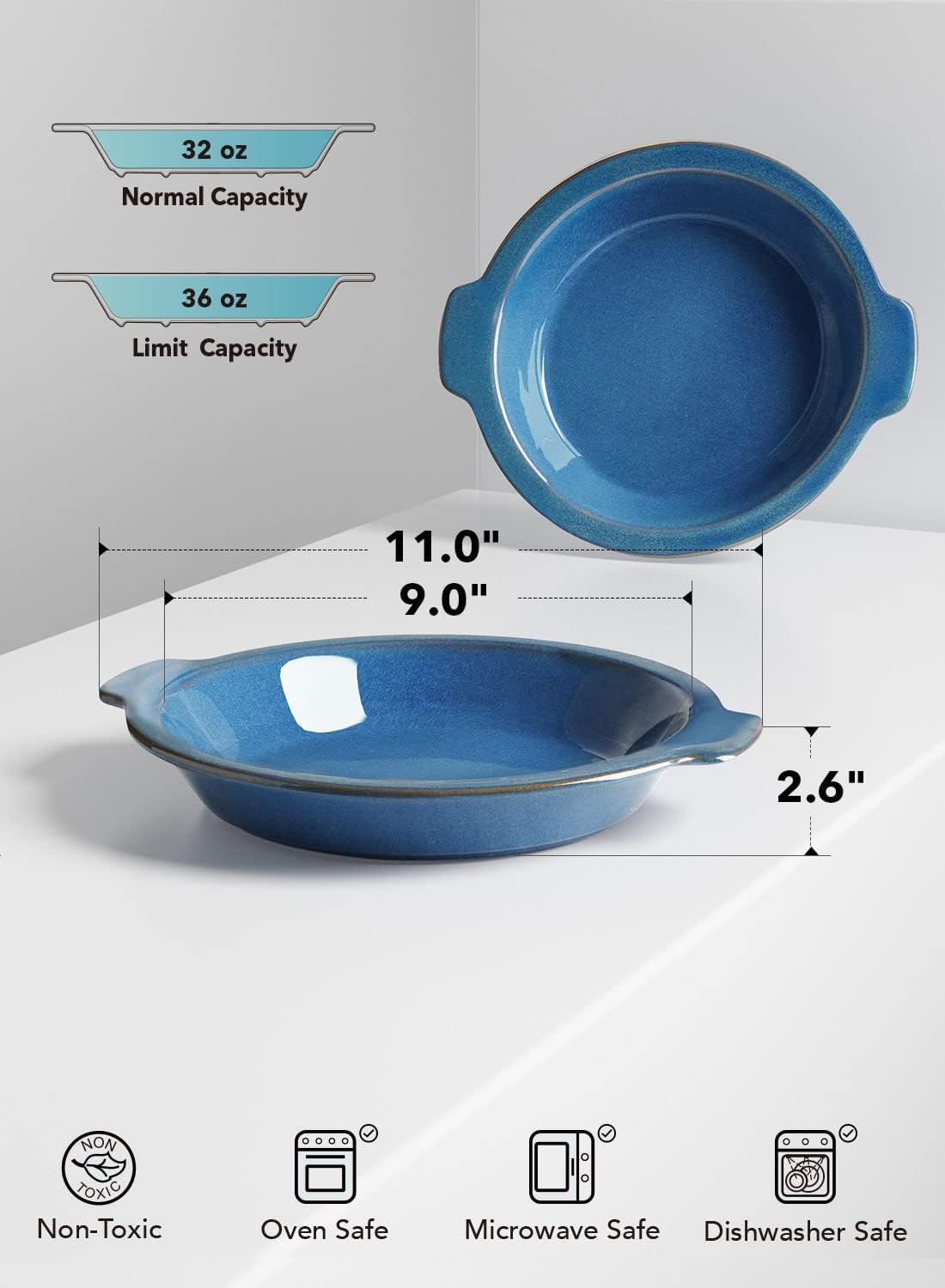 LE TAUCI Ceramic Pie Pans, 9 inch Baking Plates with Handles, Deep Pie Dish for Apple Pie, Pecan Pie, 36 Ounce - Set of 2, Ceylon Blue