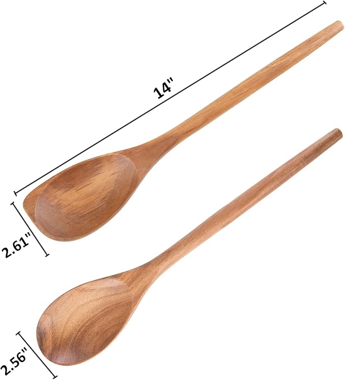 2PCS Acacia Wooden Spoons For Cooking-14 Inch Smooth Finish Cooking Spoons-Comfortable Grip Wood Spoons for Cooking - Non-Stick Cooking Utensils (Spoon + Corner spoon)