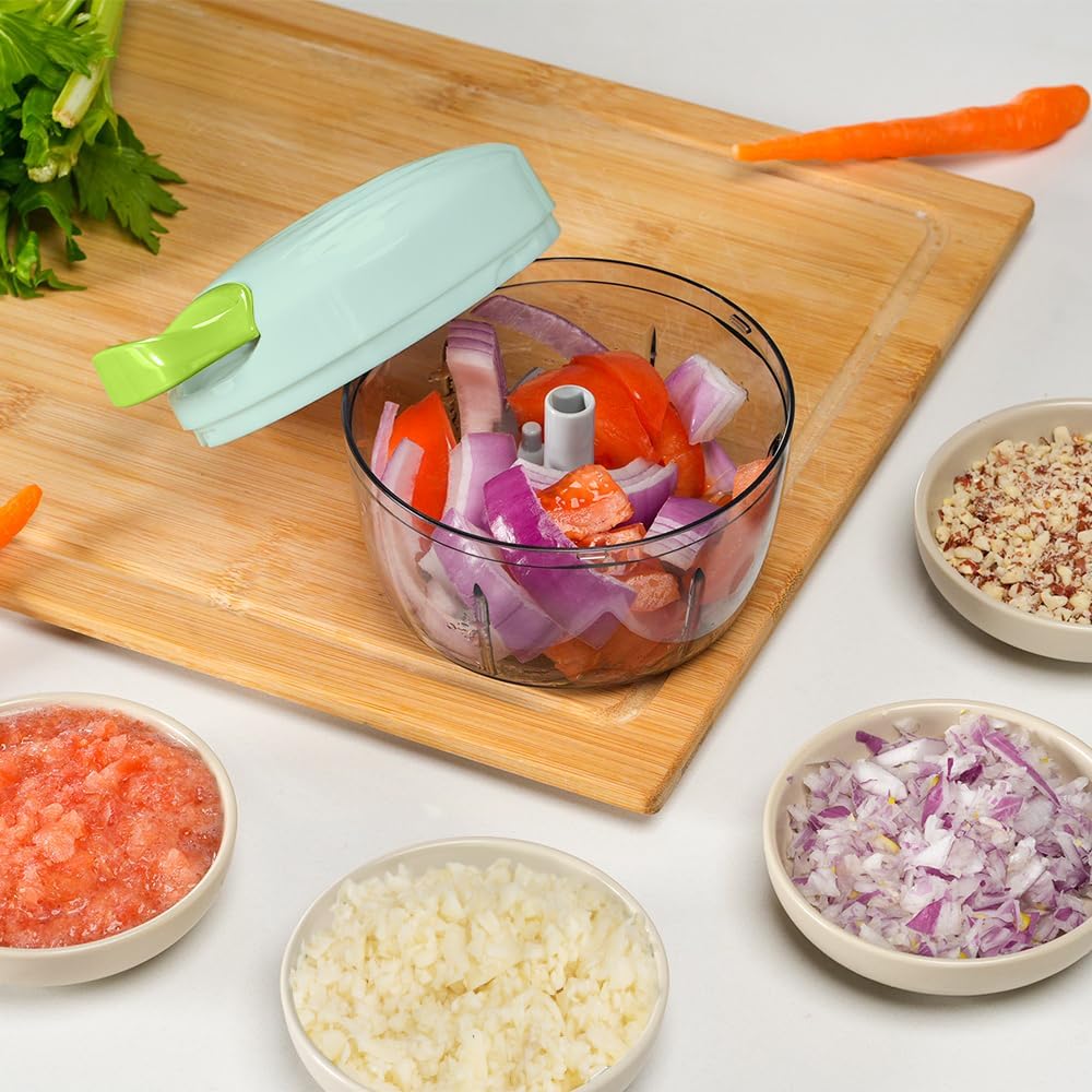 Manual Food Processor Vegetable Chopper 2.3 Cup Small Mini Hand Pull String Onion Chopper Garlic Mincer Cutter with 3 Stainless Steel Blades - Green