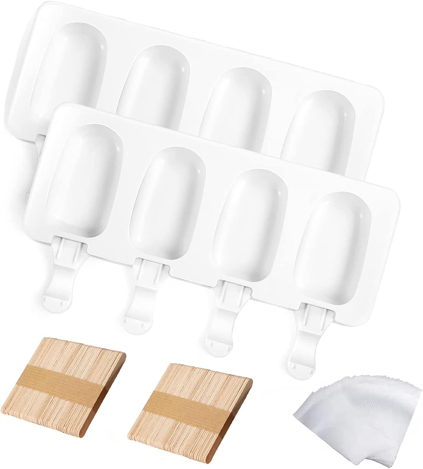 2 Small Mini Popsicles Molds, Cakesicle Molds Silicone Cake Pop Mold 4 Cavities With 100 Wooden Sticks & 100 Parcel Bags DIY Ice Cream Mold