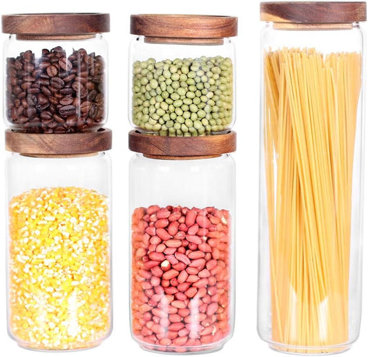 Glass Canisters Set of 5 for the kitchen, Glass Storage Container jars with Airtight Acacia Lid for Coffee Beans, Flour, Sugar, Rice and Spaghetti and etc