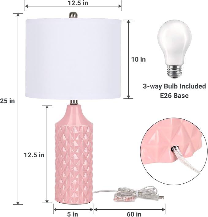 Modern Pink Ceramic Table Lamps Set of 2, 25" Nightstand Lamps with 3-Way Dimmable Bulbs for Bedroom & Living Room