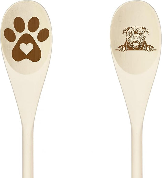 Decorative Wooden Spoons with Peeking Dog Designs, Paw Print and Dog Head, Kitchen Utensils Set of 2 (AMERICAN BULLY)