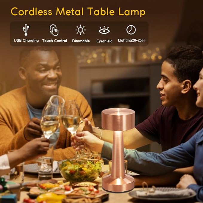 Portable LED Table Lamp, 3-Levels Brightness Metal Desk Lamp,3 Color Touch Control Rechargeable Lamp, Ideal Bedside lamp for Nightstand,Bedroom, Living Room（Rose Gold）