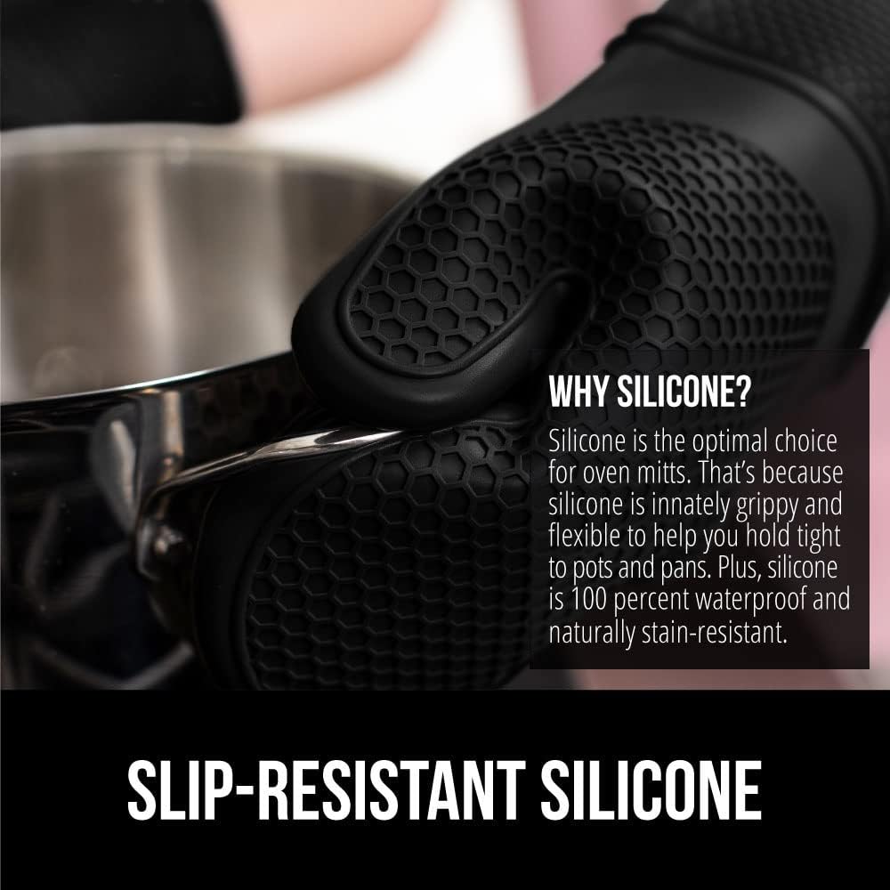 GORILLA GRIP BPA-Free Soft Silicone Oven Mitts, 14.5x8.3, Heat Resistant and Waterproof Cooking Gloves, Thick Cotton Lining, Flexible Gripping for Baking Grilling, Kitchen Potholders Set of 2, Black