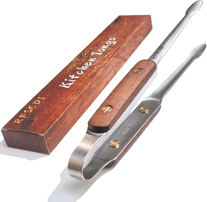 Exquisite Lightweight Cooking Tongs - 304 Stainless Steel & Walnut Wood, Comfortable Grip, Non-Slip Design, High Heat Resistant - Ideal for Light and small food, Kitchen Plating, Korean BBQ, 9-Inch
