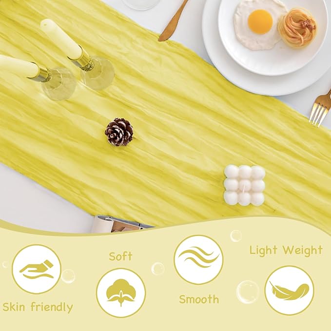10 Pack Light Yellow Table Runner 120 Inch Cheesecloth Table Runner 10FT Rustic Boho Gauze Table Runners Long Cheese Cloth Runner Semi Sheer Runners for Wedding Bridal Baby Shower Party