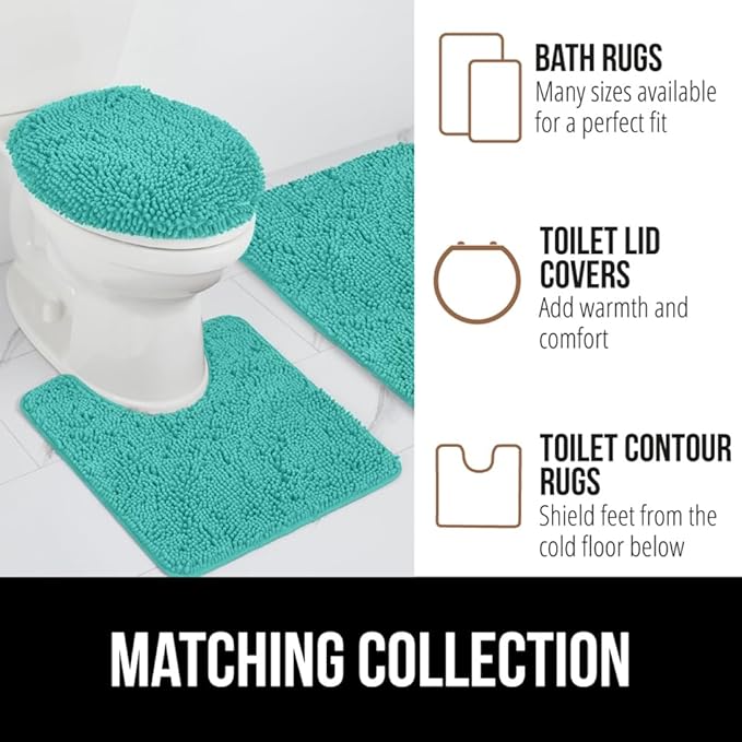 GORILLA GRIP Plush Absorbent Shaggy Chenille Bath Rug Mat for Square Toilet Base with Rubber Backing, Machine Washable Rugs, Soft Microfiber Contour Mats for Toilets, Bathroom Decor, Turquoise