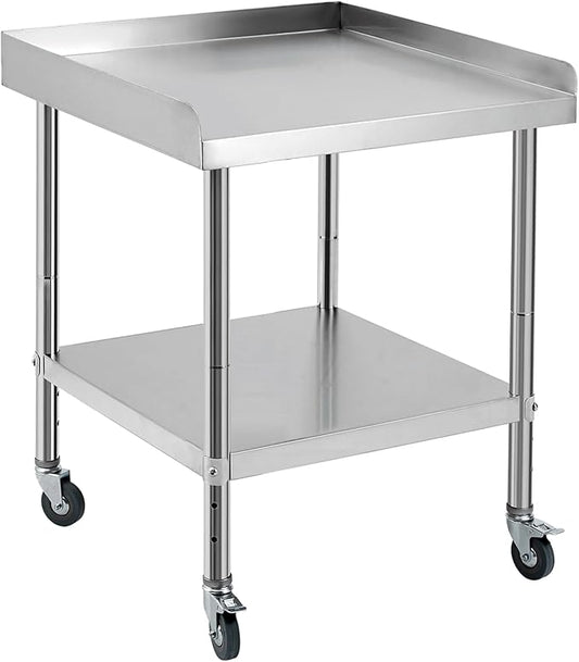 24x24x30 in Stainless Steel Equipment Grill Stand Table NSF Certified with 5 in Wheels, 400 LBS Capacity, 2 in Edge Baffle, for Hotel, Home, Commercial Restaurant Kitchen