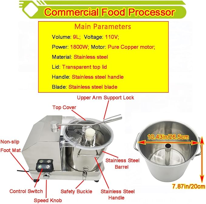 9L Commercial Food Processor Stainless Steel Meat Vegetable Chopper Multifunctional Food Cutter Meat Grinder Meatball Beater 1800W Electric Blender for Fruit Vegetable Grains Garlic