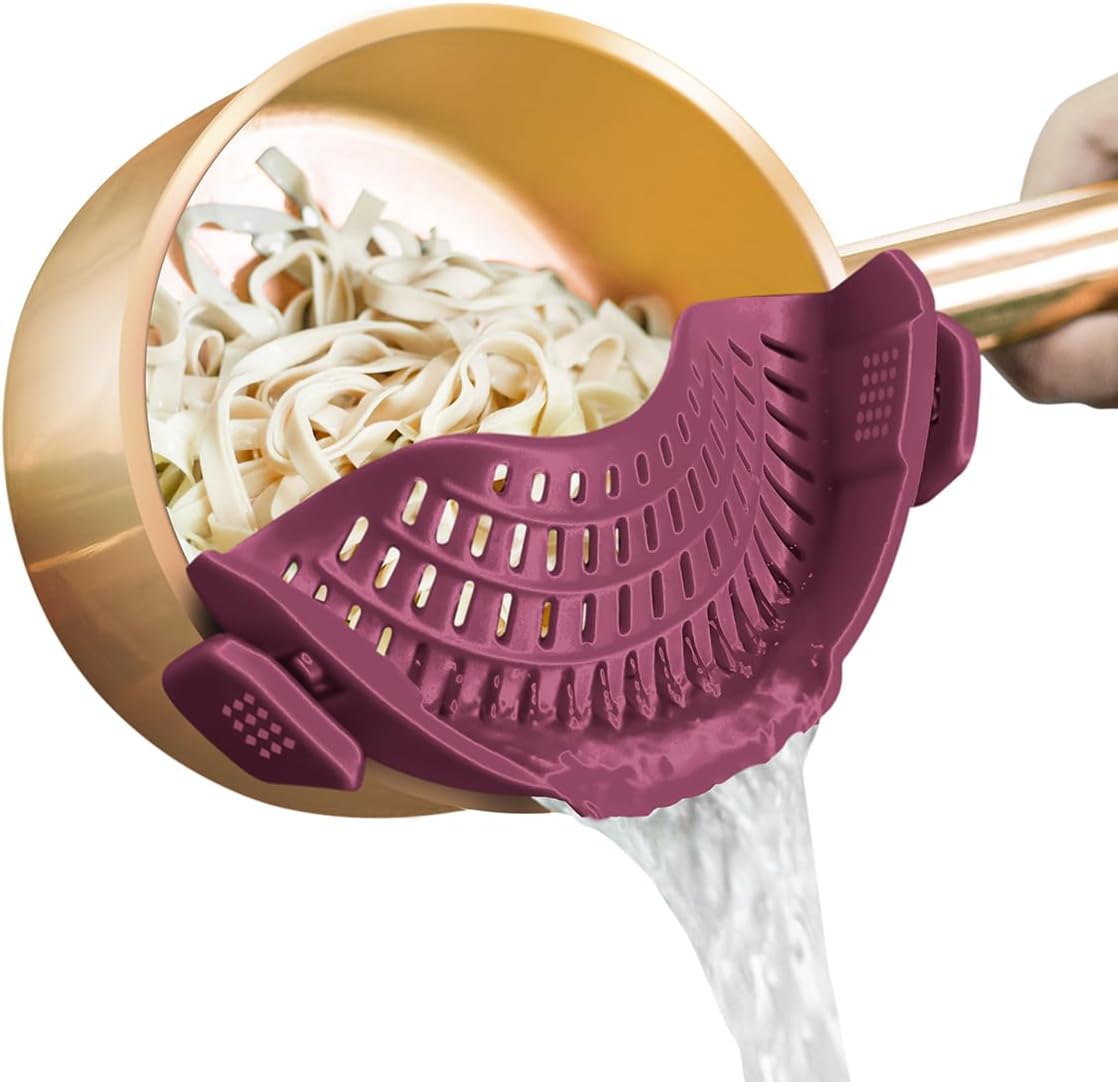 AUOON Silicone Clip on Strainer - Adjustable Strainers and Colanders for All Pots Pans and Bowls | Practical Kitchen Gadgets for Cooking and Draining (Cherry)