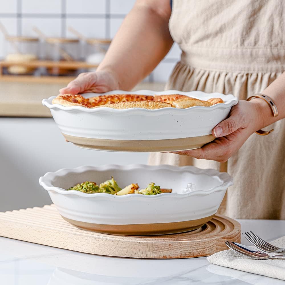 HVH 10 inch Pie Pan for Baking, Ceramic Pie Dish, Deep Dish Pie Plate for Dessert Kitchen, Deep Dish Pie Pan with Fluted Edge, Set of 2, Farmhouse Style (White)