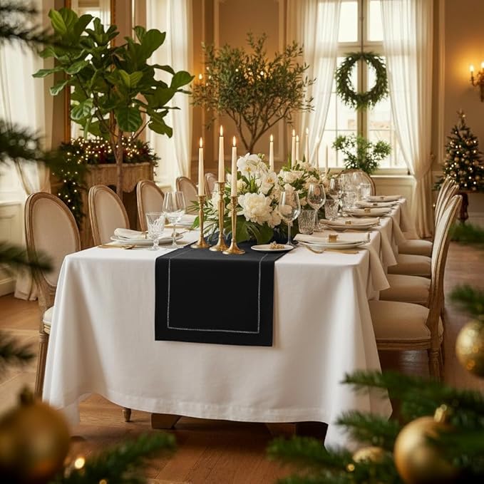 D'Moksha Homes Linen Black Table Runner 48 Inches - Classic Hemstitch, 100% Pure Linen Coffee Table Runner 14 x 48 Inch Ideal for Dresser Tables - Winter, Christmas, Holiday, New Year