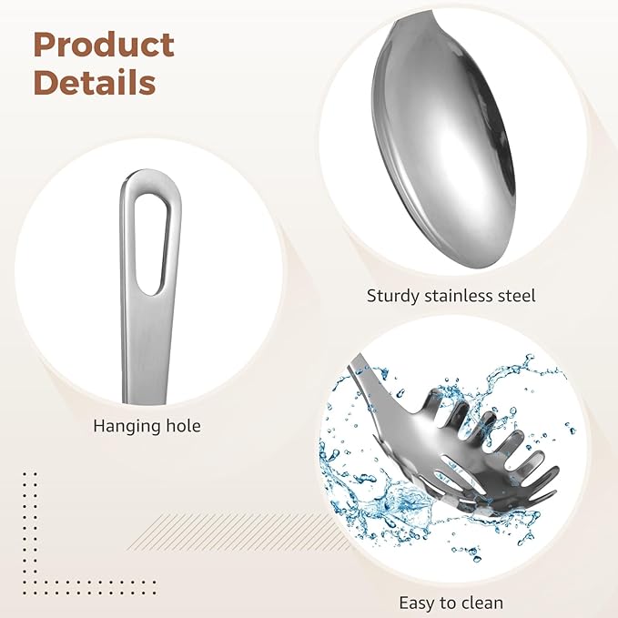 4 Pcs Stainless Steel Cooking Utensils Set, Includes Ladle, Slotted Serving Spoon, Solid Serving Spoon, Pasta Server, 430 Stainless Steel Metal Kitchen Utensils for Cooking
