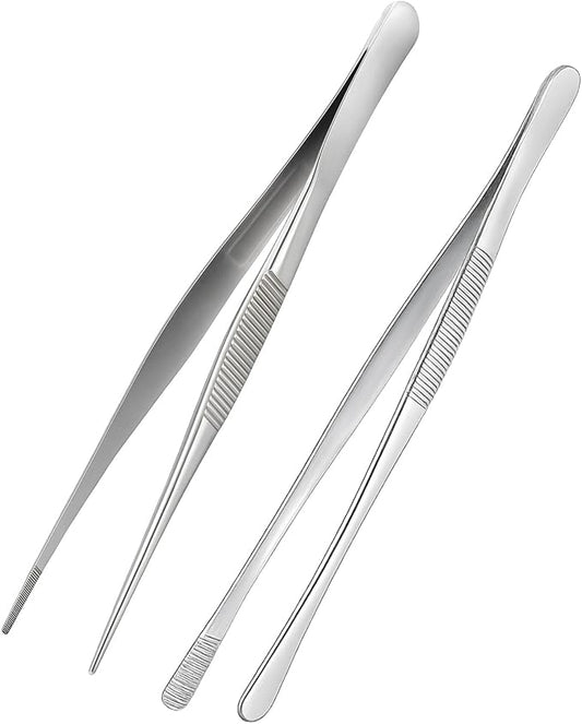 12-inch Stainless Steel Cooking Tongs & Tweezers, Non-Slip Grip & Serrated Tips for Grilling, Baking, Garnishing, BBQ, Kitchen & Craft Use (Straight Tip & Round Tip)