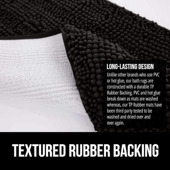 GORILLA GRIP Bath Rug Mat 36x24, Thick Soft Absorbent Chenille, Quick Dry Microfiber Mats, Rubber Backing Washable Shower Floor Rugs, Bathmat Runner, US Designed Bathroom Home Decor Accessories Black