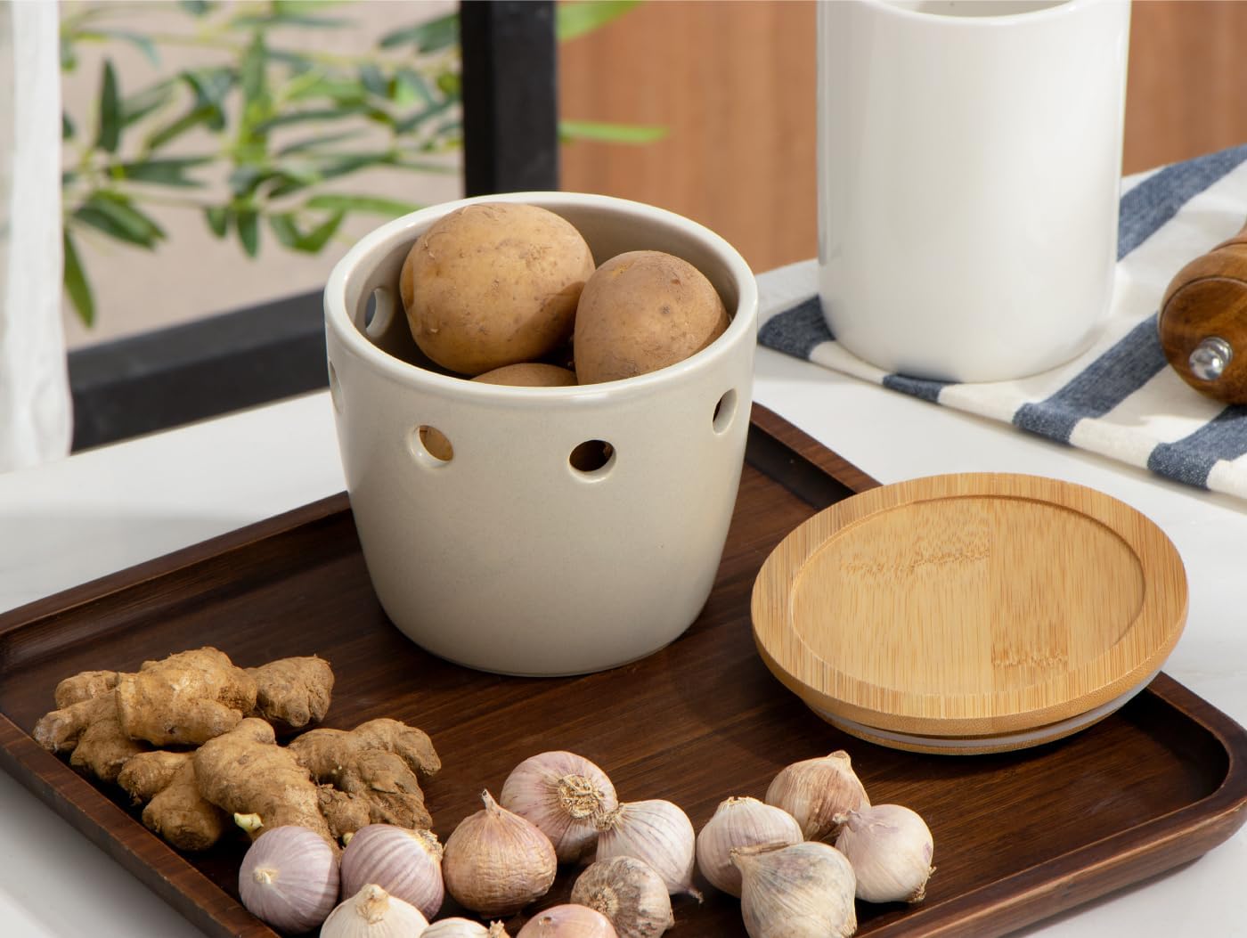 ONEMORE Large Garlic Keeper with Lid, Ceramic Garlic Saver 5 inch, Garlic Keeper for Counter, Gray