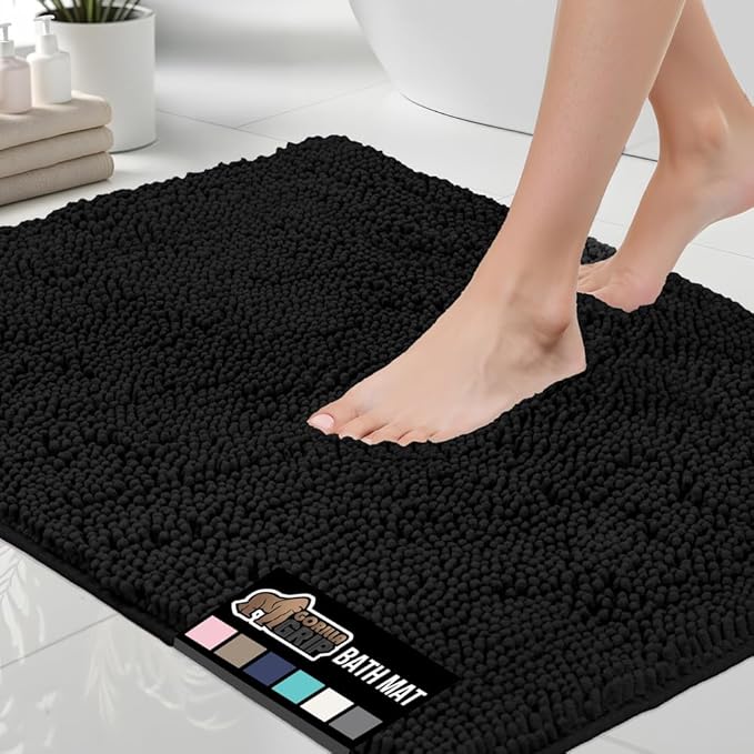 GORILLA GRIP Bath Rug Mat 36x24, Thick Soft Absorbent Chenille, Quick Dry Microfiber Mats, Rubber Backing Washable Shower Floor Rugs, Bathmat Runner, US Designed Bathroom Home Decor Accessories Black