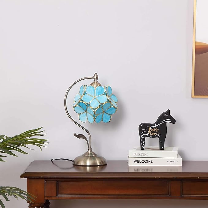 Bieye L10752 Tiffany Style Stained Glass Flower Petal Table Lamp with Brass Base for Home Décor (Sky Blue, 8" Cherry Blossom)