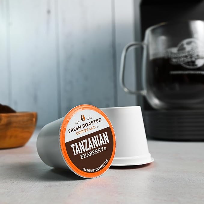 Fresh Roasted Coffee, Tanzanian Peaberry, Light Roast, 72 Pods for K Cup Brewers