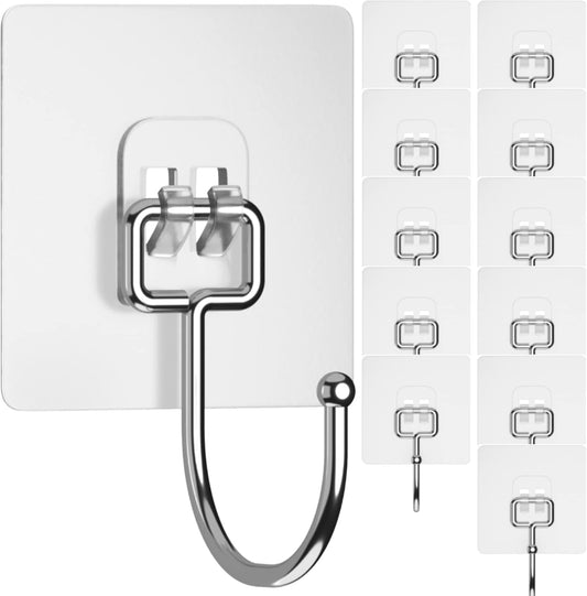 GLUIT Adhesive Large Wall Hooks for Hanging Heavy Duty 22 lbs Hook for Walls No Damage (12 Large Hooks)