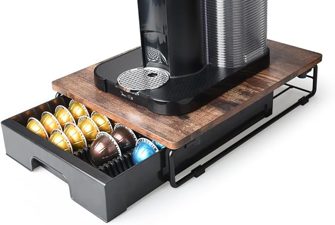 EVERIE Wooden Coffee Pod Storage Drawer Holder Compatible with Nespresso Vertuoline Capsules, Rustic Brown, NP01-WD01