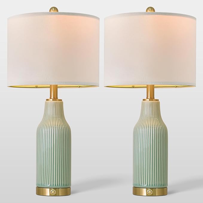 24.5" Modern 3-Way Dimmable Touch Control with USB A+C Ceramic Lamps Set of 2 Table Lamp for Living Room Bedroom Farmhouse Nightstand Bedside Green