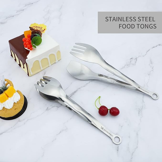 MSY BIGSUNNY 9 Inch Serving Tongs, Stainless Steel Metal Tongs for Cooking, Barbecue, Grilling, Buffet - Set of 2, Silver