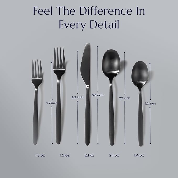 JazzUpCo Tia Flatware non toxic 18/10 stainless steel dishwasher safe (Matte Black, 8 Person Set (40 Pieces))