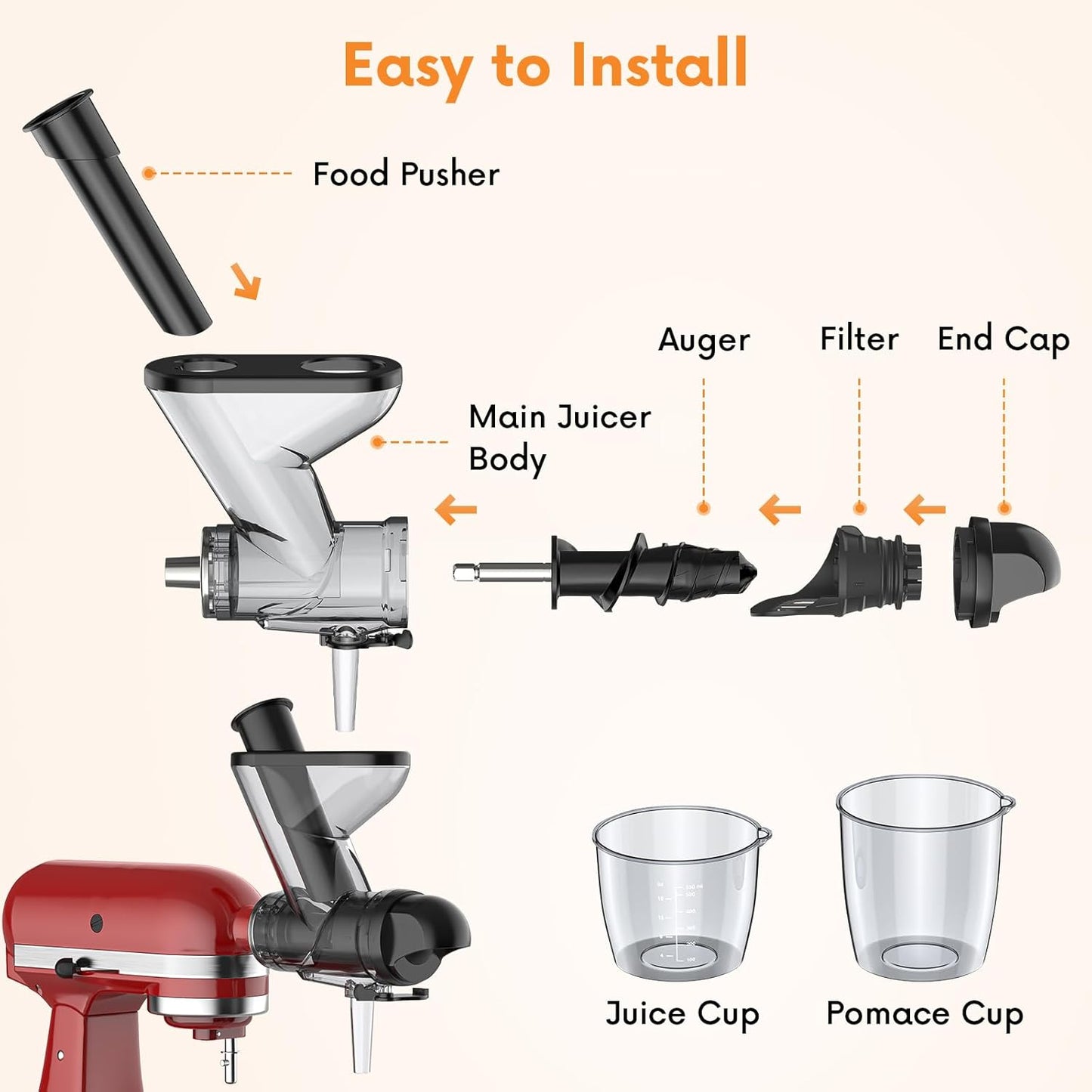 Masticating Juicer Attachment for KitchenAid Stand Mixer, Cold Pressed Juicer Machine, Slow Masticating Juicer Attachment with Dual Feed Chute and Pusher by FGREEBLE