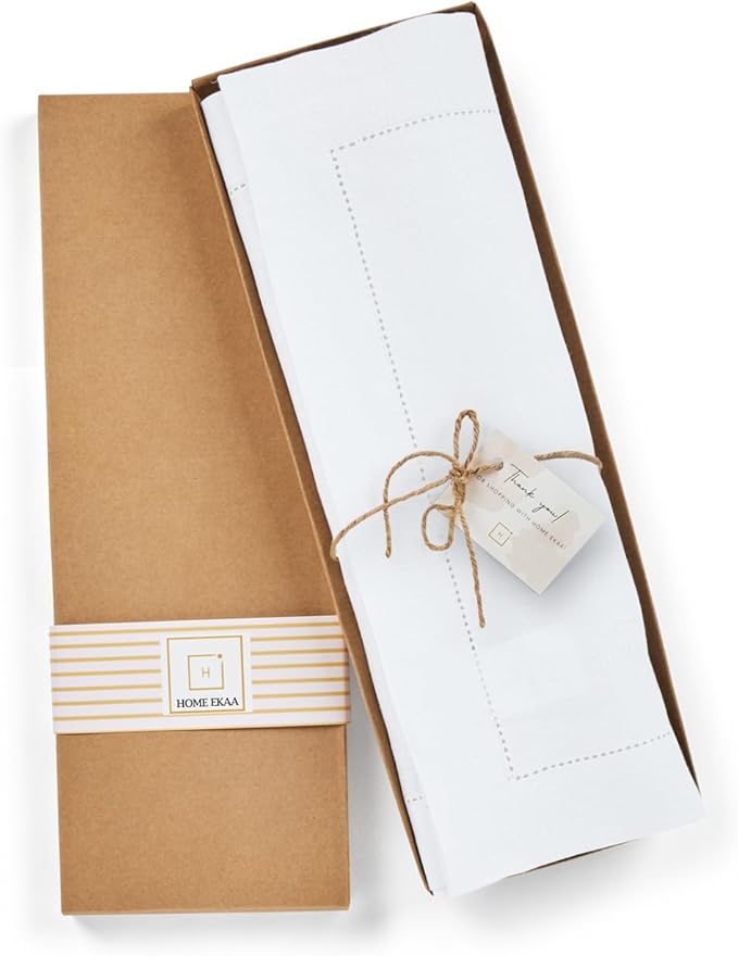 Home Ekaa 100% Pure Linen White Placemats 14 x 19 Inch- Hemstitch Cloth Placemats Set of 4 - for Christmas, Winter, Fall, Holiday & New Year - Elara