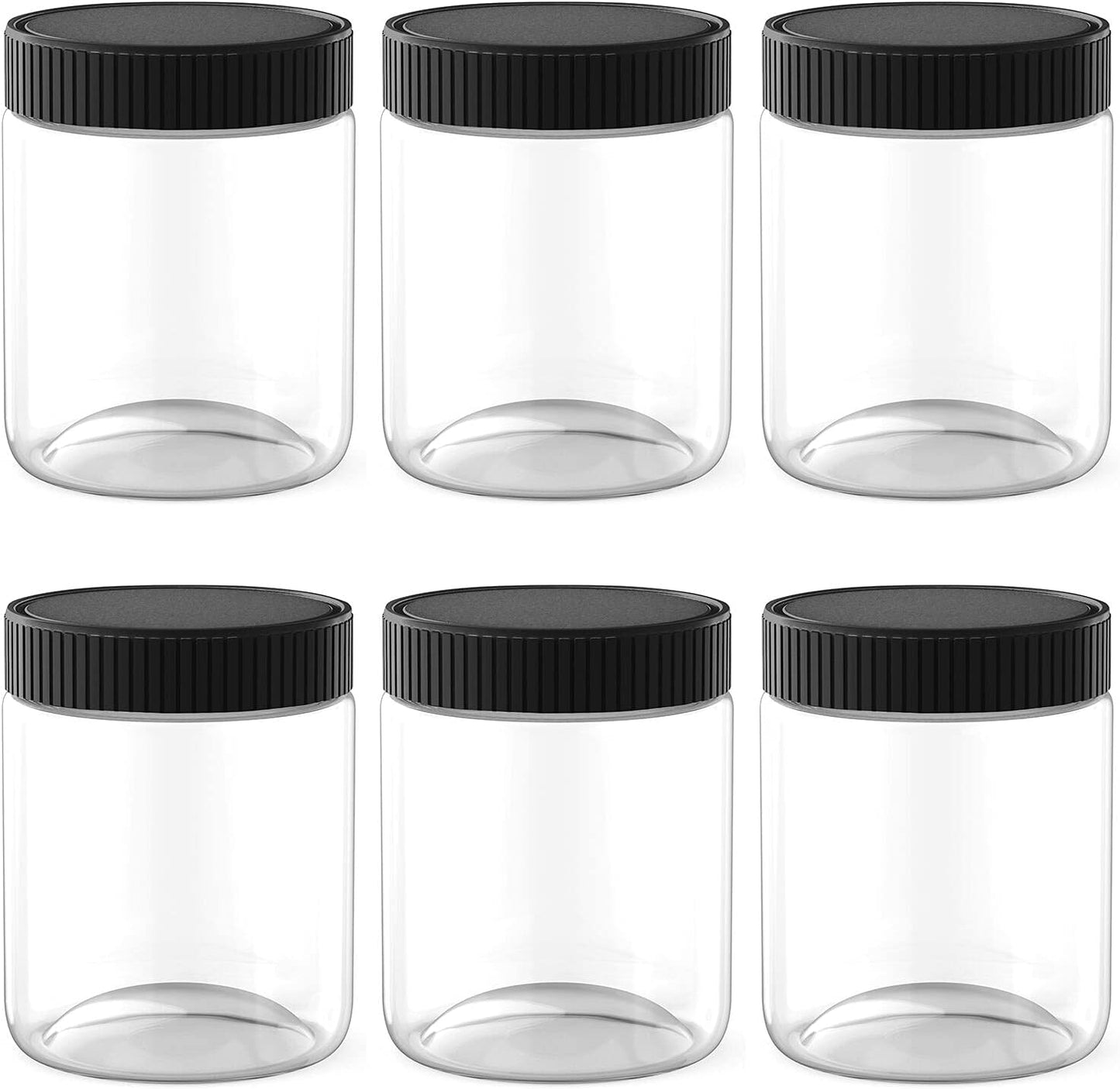 XINGLIAN 16 Oz Clear Plastic Jars with Black Lids Refillable Kitchen Storage Containers for Dry Food, Coffee, Nuts and More, 6 Pack