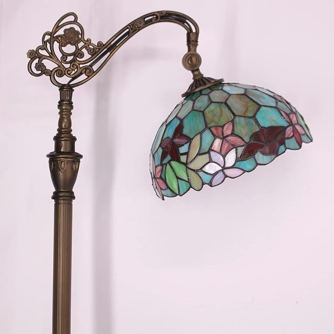 Tiffany Floor Lamp Stained Glass Lamp 18.88X12X67 Inch Angle Adjustable Arched Gooseneck Antique Reading Light (Red Green Flowers)