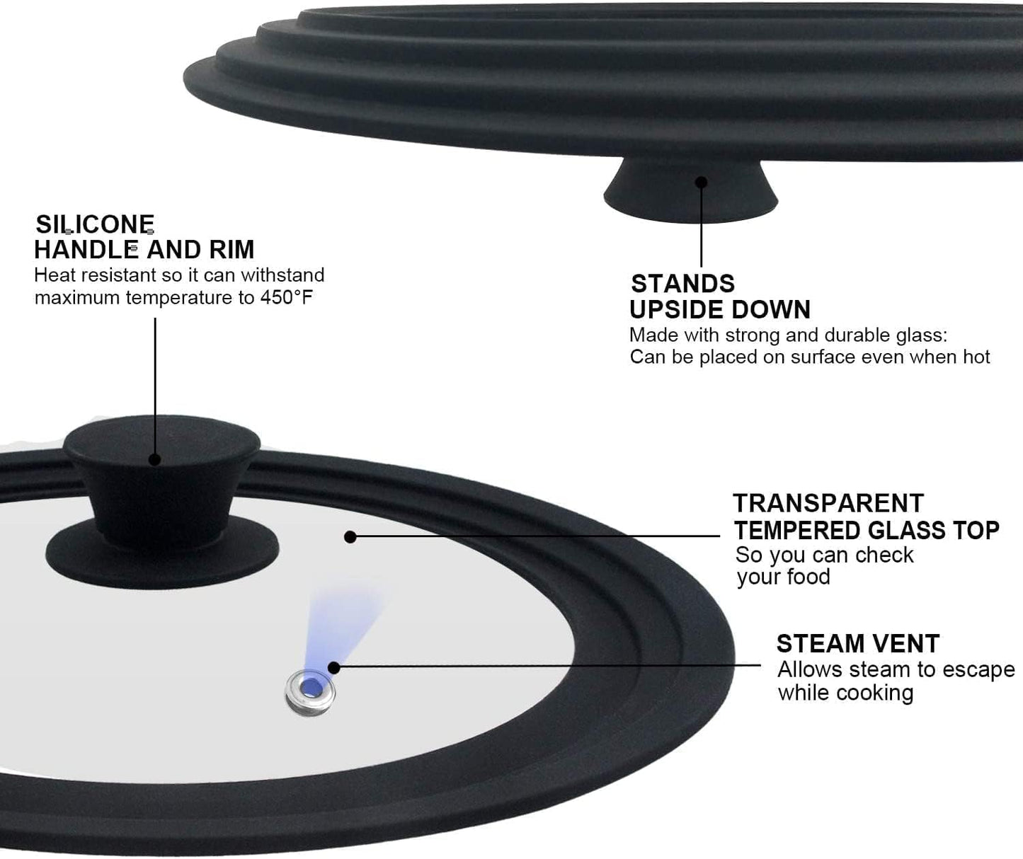 Walfos Universal Lid for 9.5", 10.5" and 11" Diameter Cookware, Fits Pots, Pans and Skillets - Walfos Tempered Glass Pan Lid with Heat Resistant Silicone Rim, BPA Free Pot Lids, Dishwasher-Safe, Black