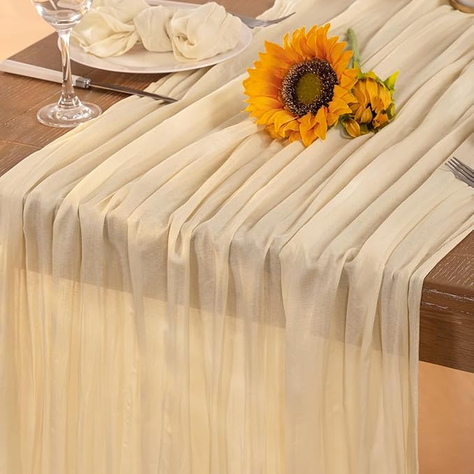 Beige Cheesecloth Table Runner Christmas Table Runner 120 Inches Boho Gauze Cream Cheese Cloth Table Decor for Xmas Holiday Season Parties Wedding Bridal Baby Shower